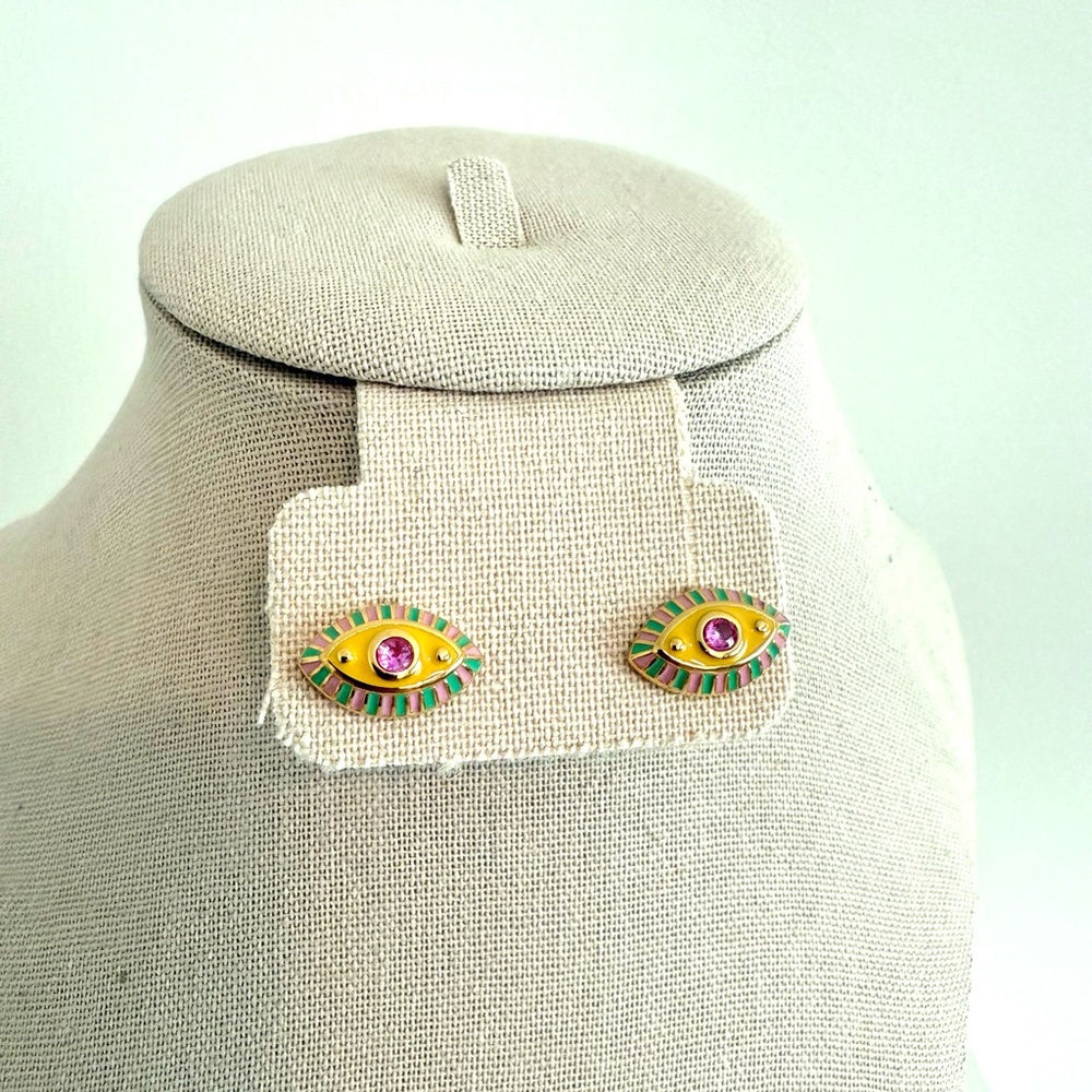 Gold and Pink Eye Stud Earrings - Picture 2 of 5